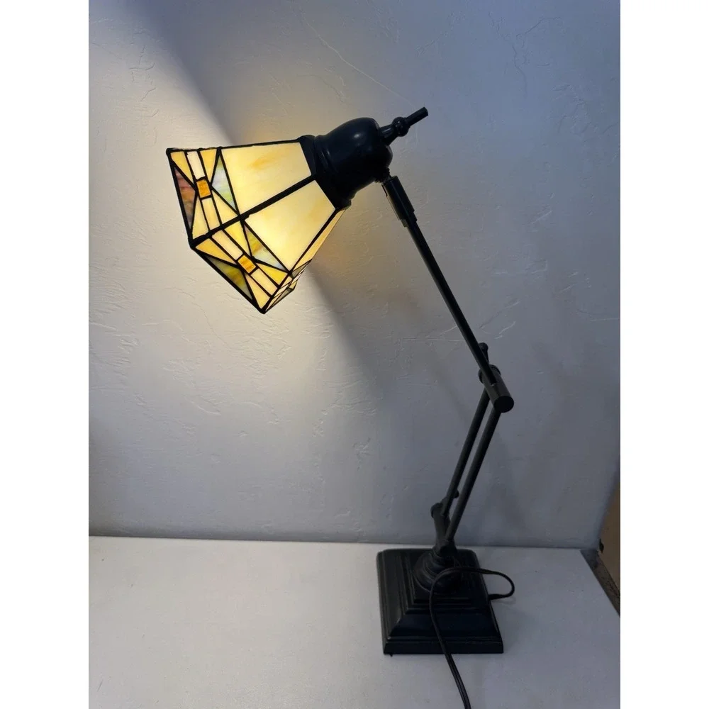 Dale Tiffany Mission Bank Table Lamp Adjustable Desk Light Stained Glass Bronze